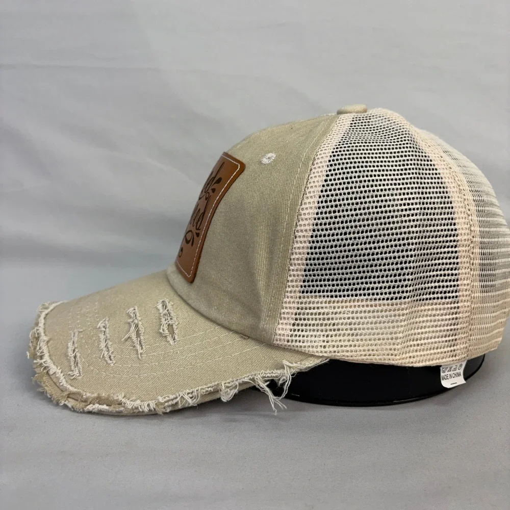 God Is Good Christian Leather Patch Distressed Trucker Hat Snapback Cap Tan